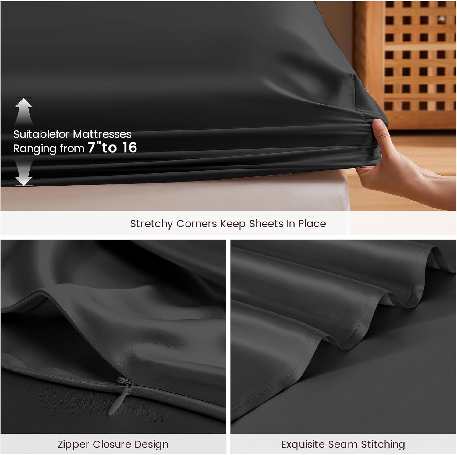 THXSILK 6A+ Top Grade 100% Pure Mulberry Silk Twin Fitted Sheet 3Pcs Set Bed Sheets Luxury Bedding for Hair and Skin Breathable Cooling Safe Material, 1 Fitted Sheet with 2 Pillowcases, Black