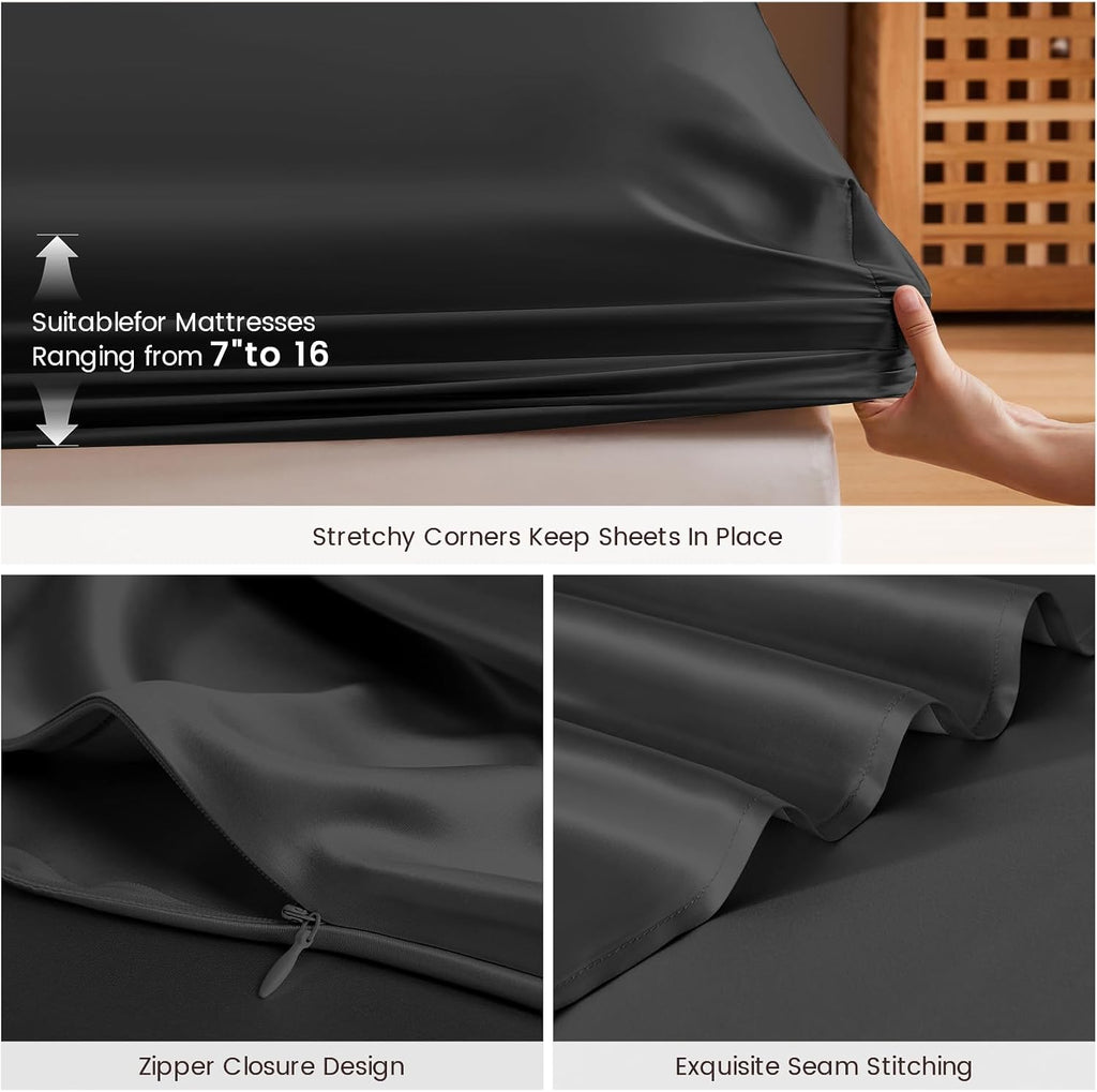 THXSILK 6A+ Top Grade 100% Pure Mulberry Silk Full Fitted Sheet 3Pcs Set Bed Sheets Luxury Bedding for Hair and Skin Breathable Cooling Natural Materials, 1 Fitted Sheet with 2 Pillowcases, Black