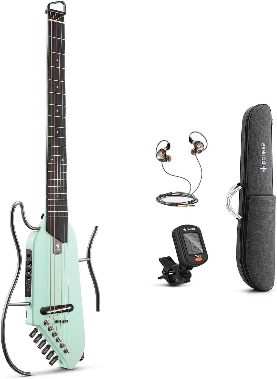Donner HUSH-I Guitar For Travel, Portable Ultra-Light and Quiet Performance Headless Acoustic-Electric Guitar, Maple Body with Removable Frames, Gig Bag, and Accessories，Mint Green