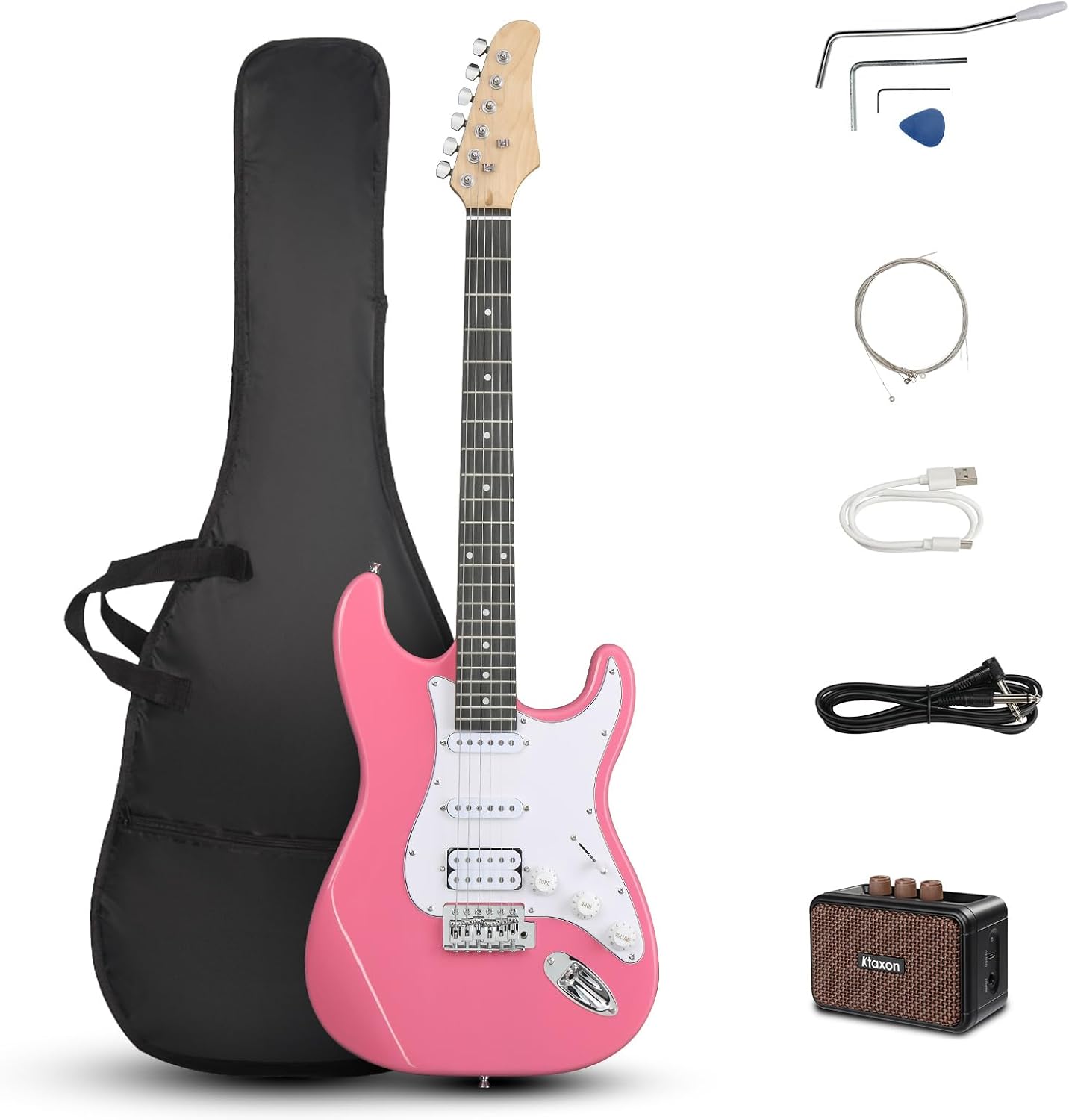 Ktaxon 39 Inch Electric Guitar Kit for Beginner, HSS Pickups 6 String Solid-Body Full Size Adults Electric Guitars W/Amplifier, Bag, Strap, Cable, Accessories - Rose Pink
