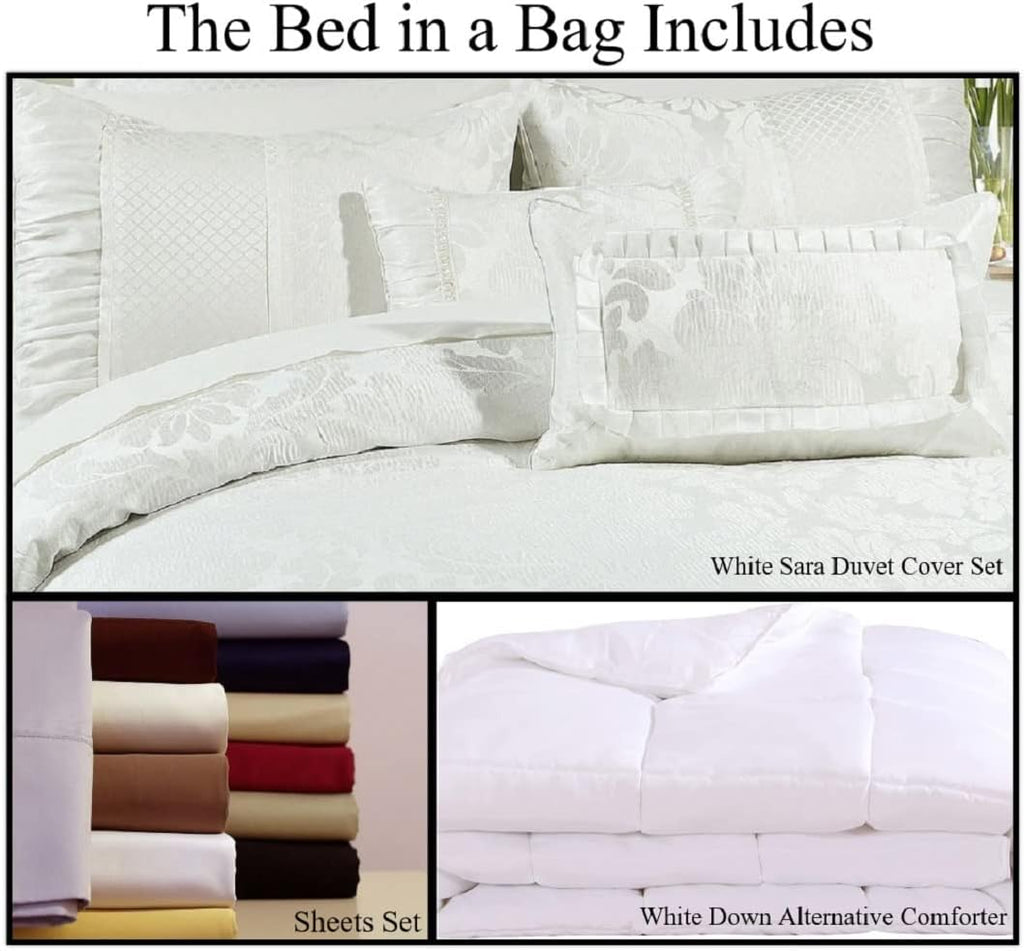 sheetsnthings Jacquard Queen Size Comforter Set- 12PC Bed in a Bag Includes Sara (White) Duvet Cover Set, Down Alternative Comforter, Bed Sheets