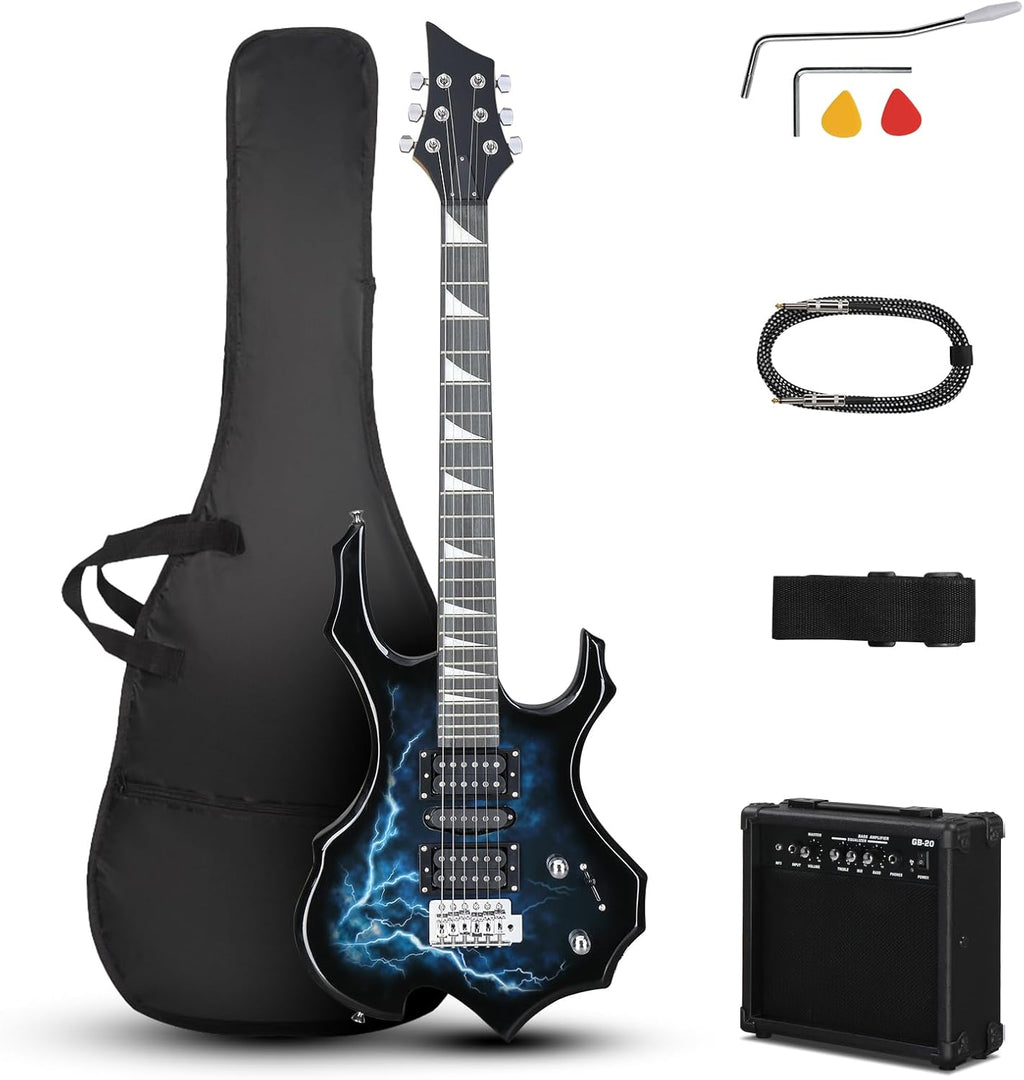 Ktaxon Burning Fire Design Electric Guitar Kit, 39-inch HSH Pickup Electric Guitar Beginner Guitar Set with Amplifier, Rosewood Fingerboard, 5-Ways Pickup Switch (Lightning Black)