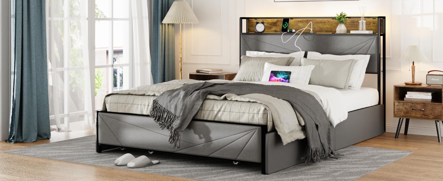 hatisan Full Size Bed Frame with 4 Storage Drawers and 2 USB Ports, Upholstered Platform Bed Frame with Storage Headboard Charging Station and Metal Slat Support, No Box Spring Needed, Dark Grey.