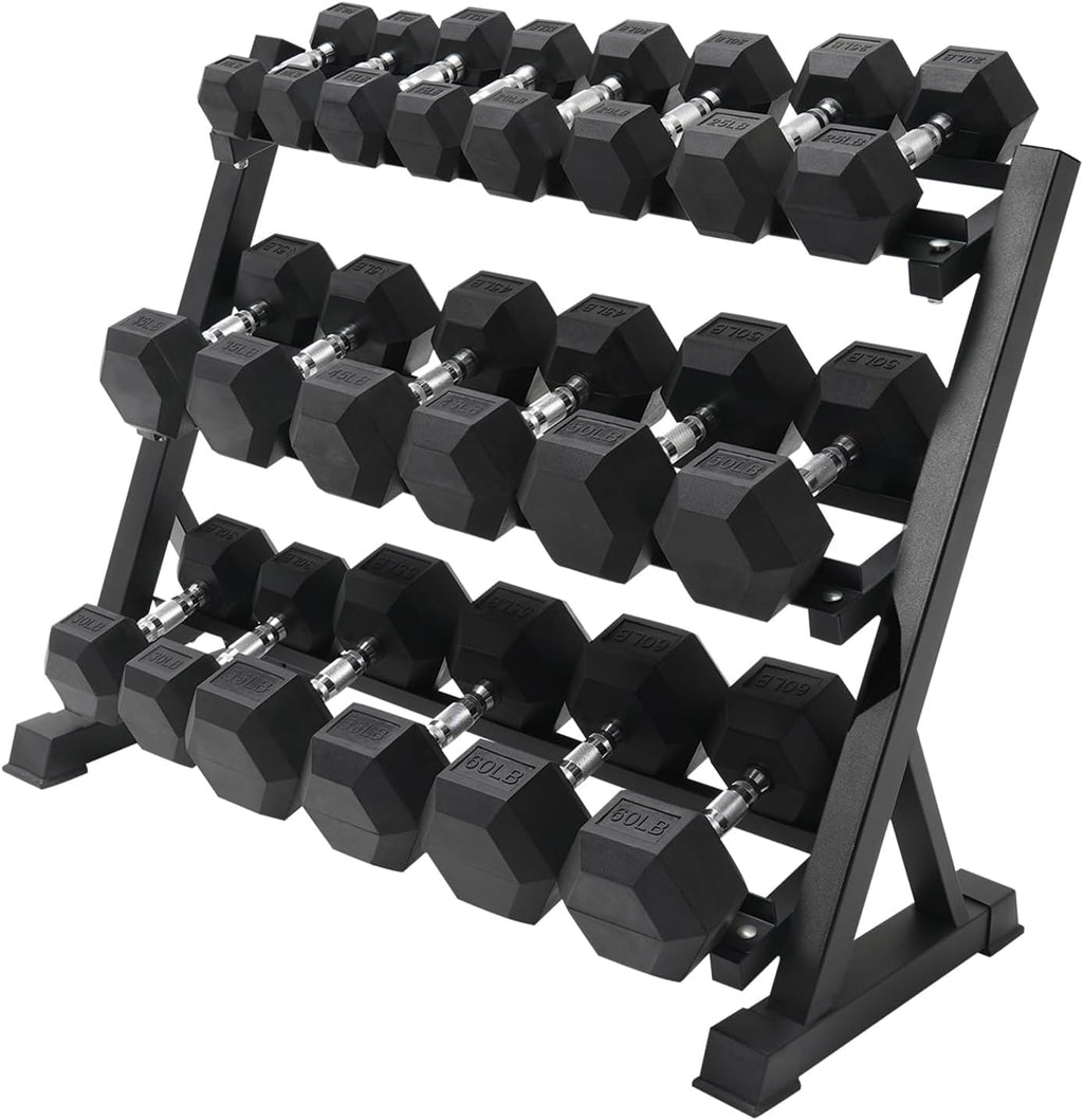 RITFIT Rubber Hex Dumbbells Set with Rack, 180-780LB Heavy-Duty Cast Iron Core, Knurled Chrome Handle, Space-Saving Storage Rack for Home Gym Strength Training
