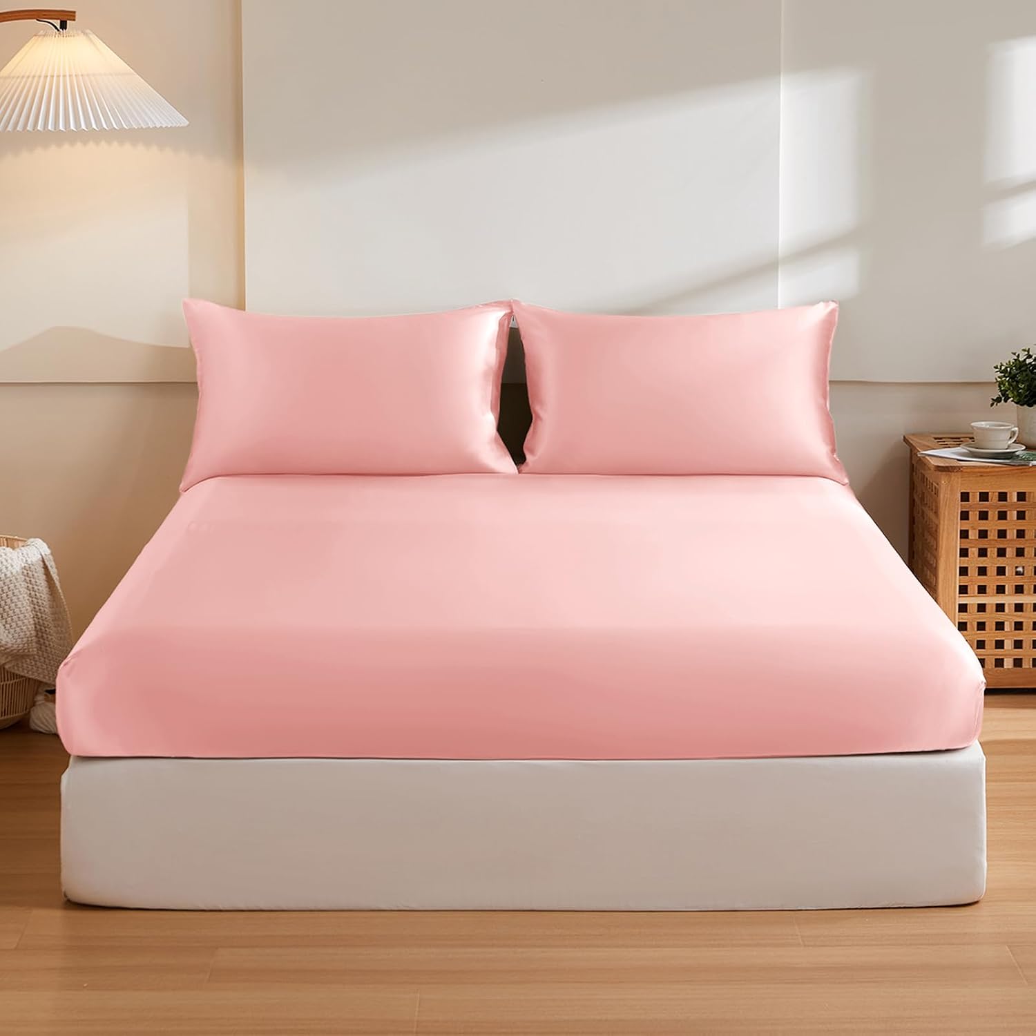 THXSILK 6A+ Top Grade 100% Pure Mulberry Silk King Fitted Sheet 3Pcs Set Bed Sheets Luxury Bedding for Hair and Skin Healthy Natural Materials, 1 Fitted Sheet with 2 Pillowcases, Charming Pink