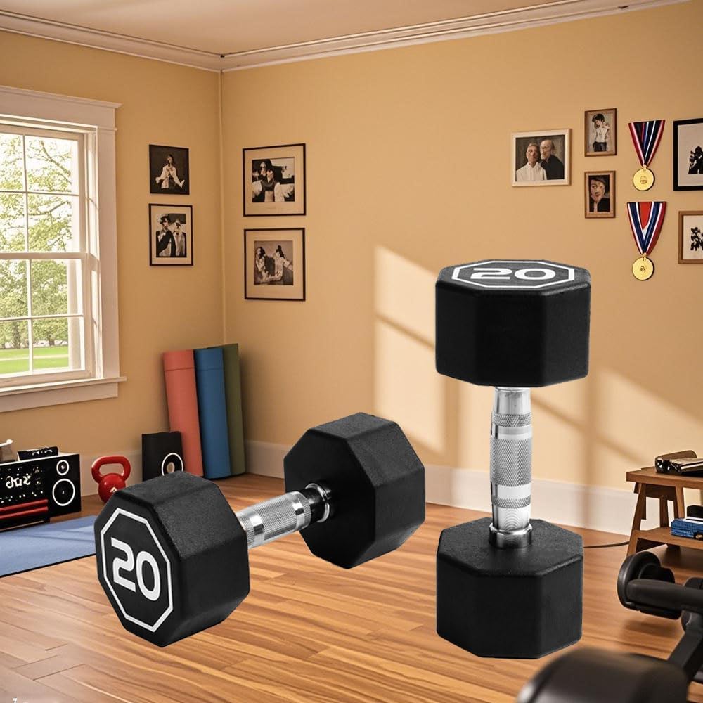 20LB Hex Dumbbell Set of 2, Non-Slip & Non-Rolling Octagon Grip Dumbbells, Solid Cast Iron with Chrome Coating, Home Gym Equipment for Strength Training, Weight Lifting, and Fitness Workouts