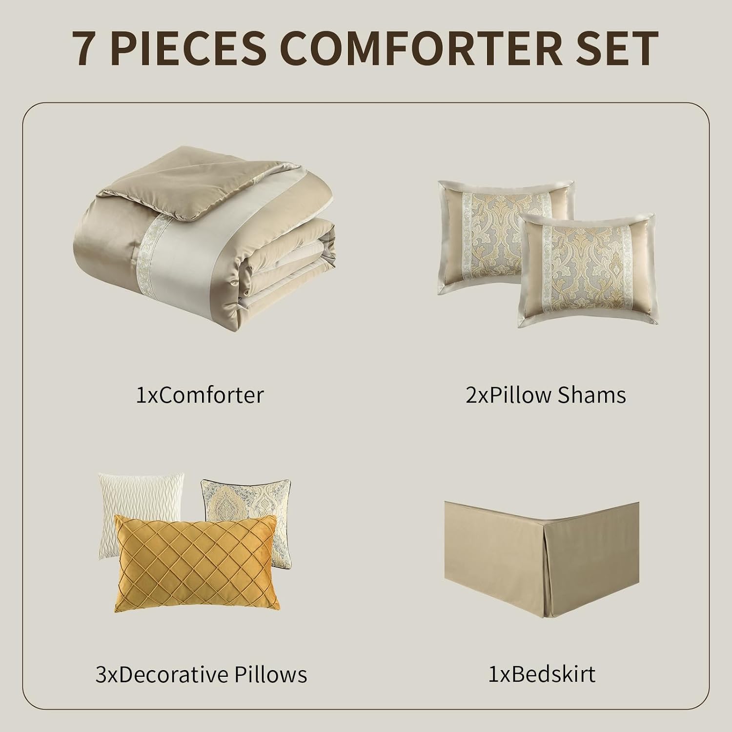 SahSahCasa 7-Piece Luxury California King Comforter Set, Cal King Comforter, Bed in a Bag California King, Jacquard Fluffy Comforter Bedding Set with Bedskirt, Pillows, Down-Alternative, Champagne