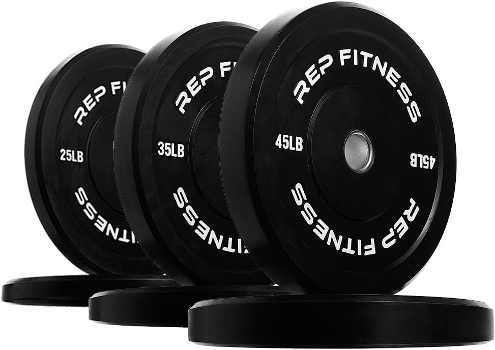 REP Fitness Rubber Bumper Plates, 5Lb to 370 lb Set Pairs, Olympic Standard Weights, Shock Absorbing Low Bounce Design, For Home Gyms, Fitness Centers, Strength Workouts, Barbell Use