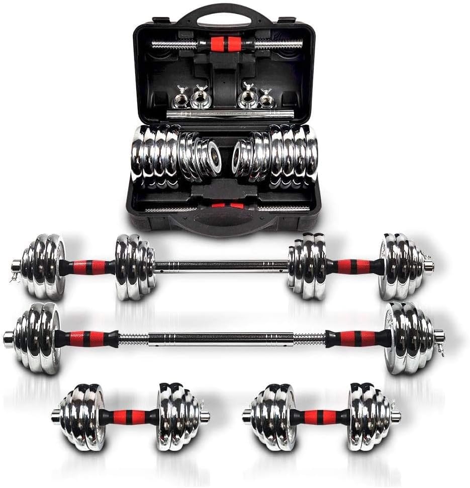 Fitness Dumbbells Set, Adjustable Weight Sets up to 66 lbs, with Metal Connecting Rod Used As Barbell, Chromed Weights, Hardcover Gift Box, Home Gym Work Out Training Equipment (66.00, Pounds)