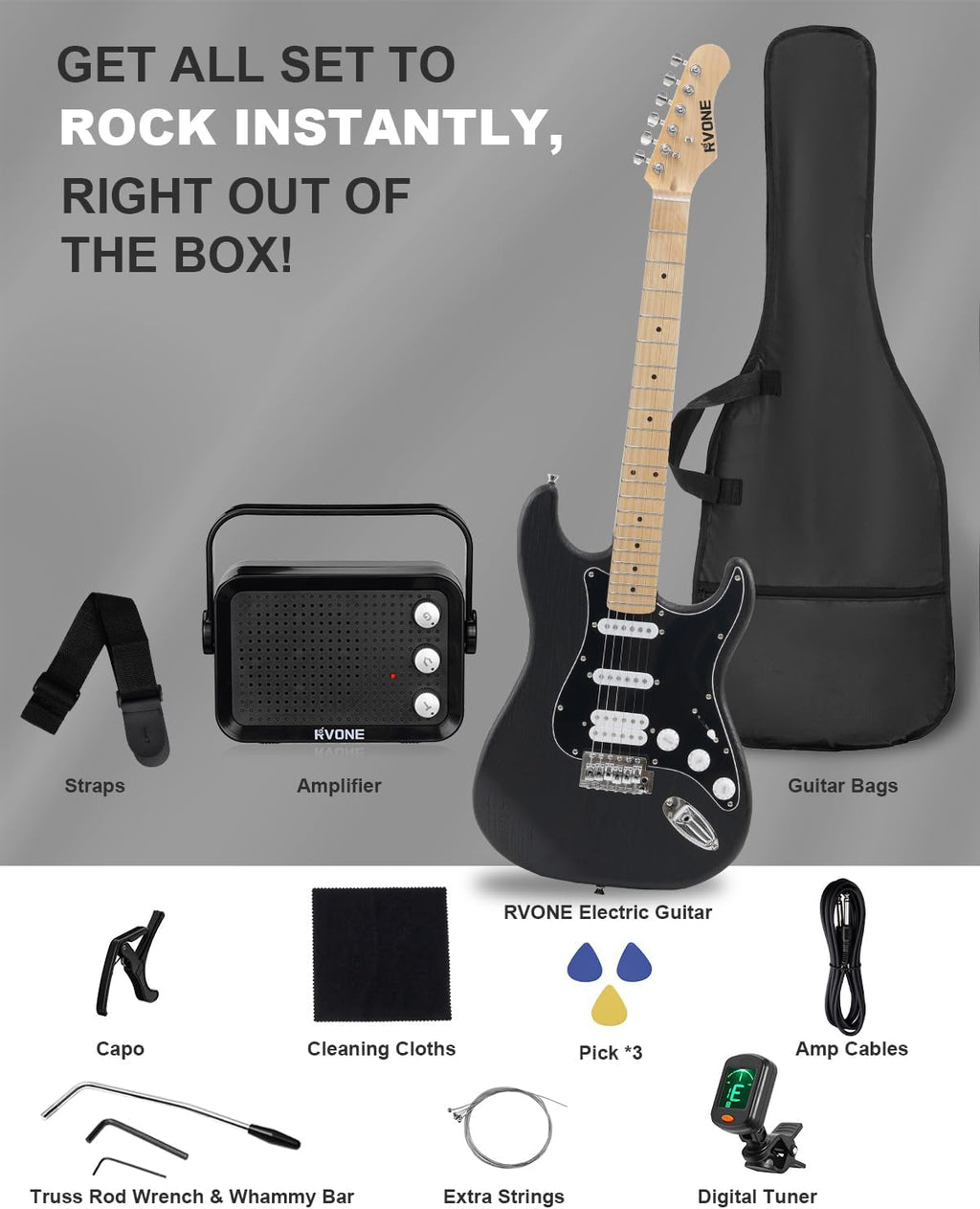 RVONE RST-150 39' Beginner Electric Guitar Kit with Amp & HSS Pickups | Complete Starter Set for Newcomers w/Essentials | Gig Bag, Extra Strings, Digital Tuner, Capo, Strap | Home Practice (Black)