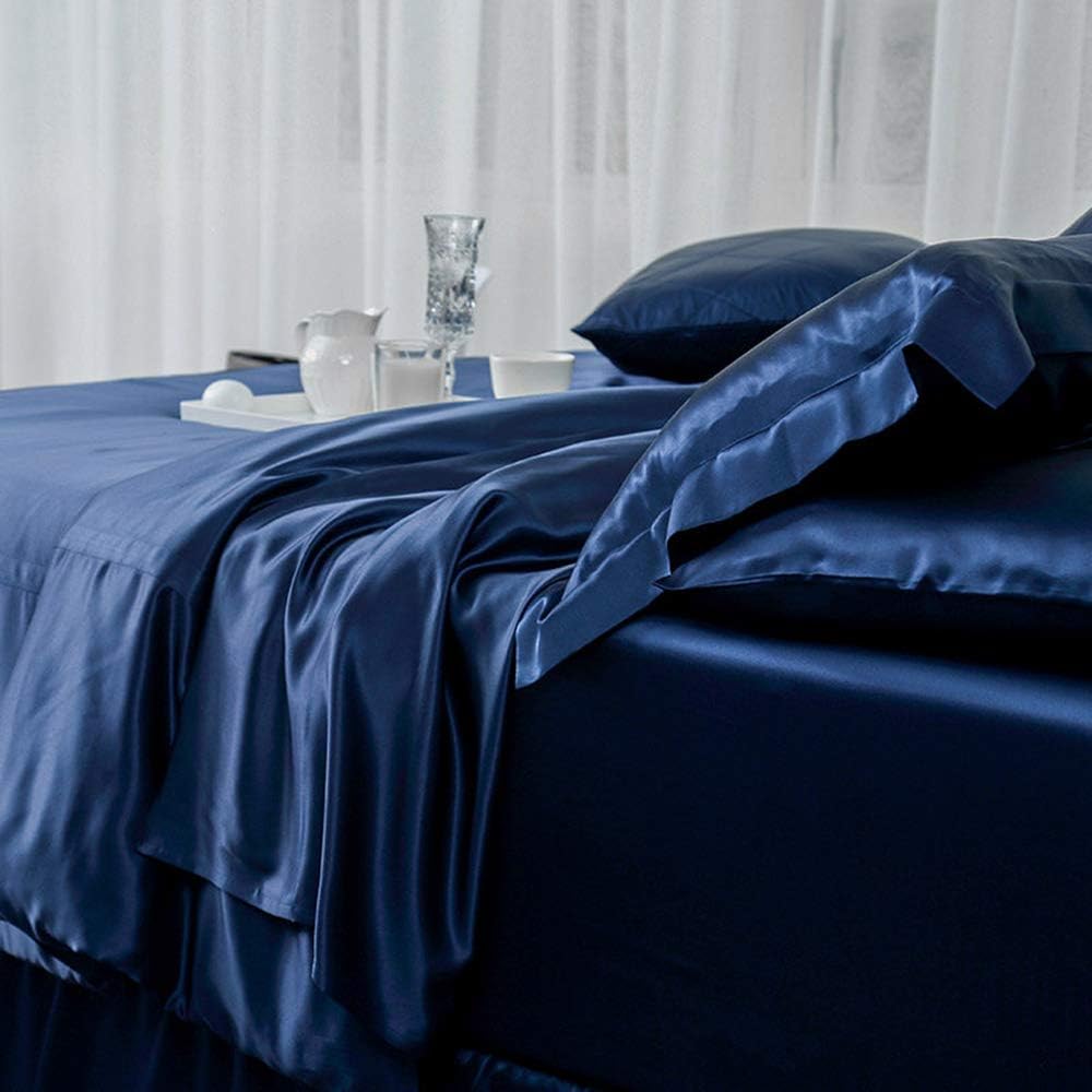 Orose 4Pcs 30 Momme Silk Sheets Set Seamless Custom,Thick, Deep Pocket 100% Charmeuse Mulberry Silk Bedding Top Flat Bottom Fitted (Dark Blue, King)