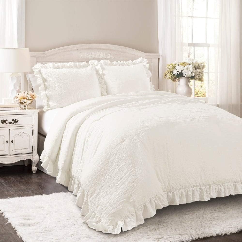 Lush Decor Reyna Ruffle Comforter Set - 3 Piece Cozy Ruffled Bedding Set - Timeless Elegance and Comfort for Bedroom - King, Ivory