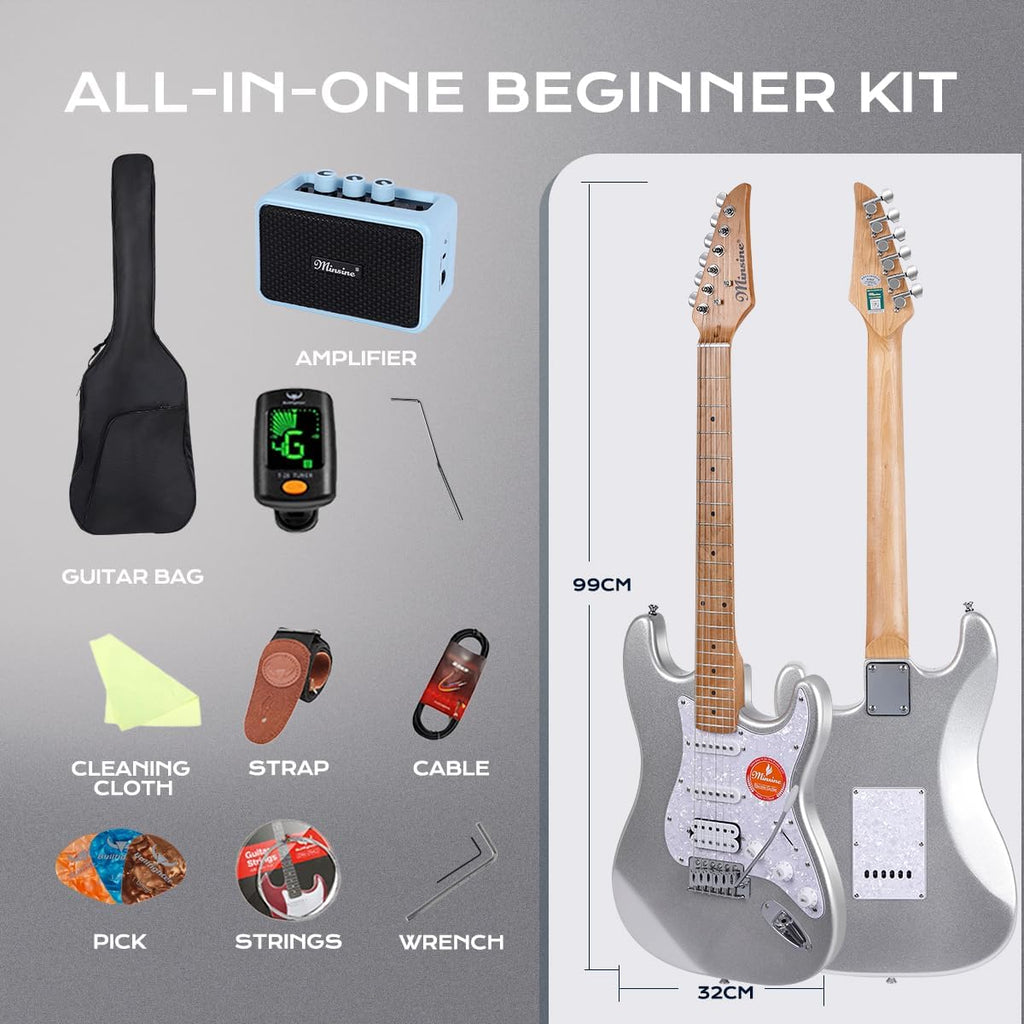 Electric Guitar Kit -39in Solid Body Starter Guitar Kit with Metallic finish, Guitar Case, Amplifier Gig Bag, Strings, Strap, Cable, Picks M100S (Silver)