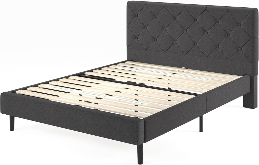 Zinus Full Shalini Upholstered Platform Bed Frame with Headboard [New WonderBox(TM) Version], Wooden Slat Support, No Box Spring Needed, Easy Assembly, Eco Friendly Packaging, Dark Grey
