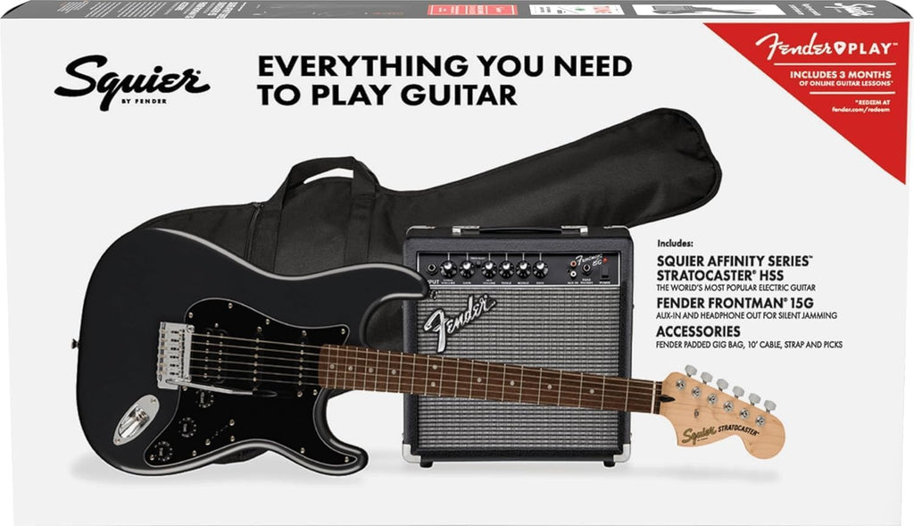 Squier Affinity Series Stratocaster Packs Electric Guitar, Charcoal Frost Metallic, Laurel Fingerboard