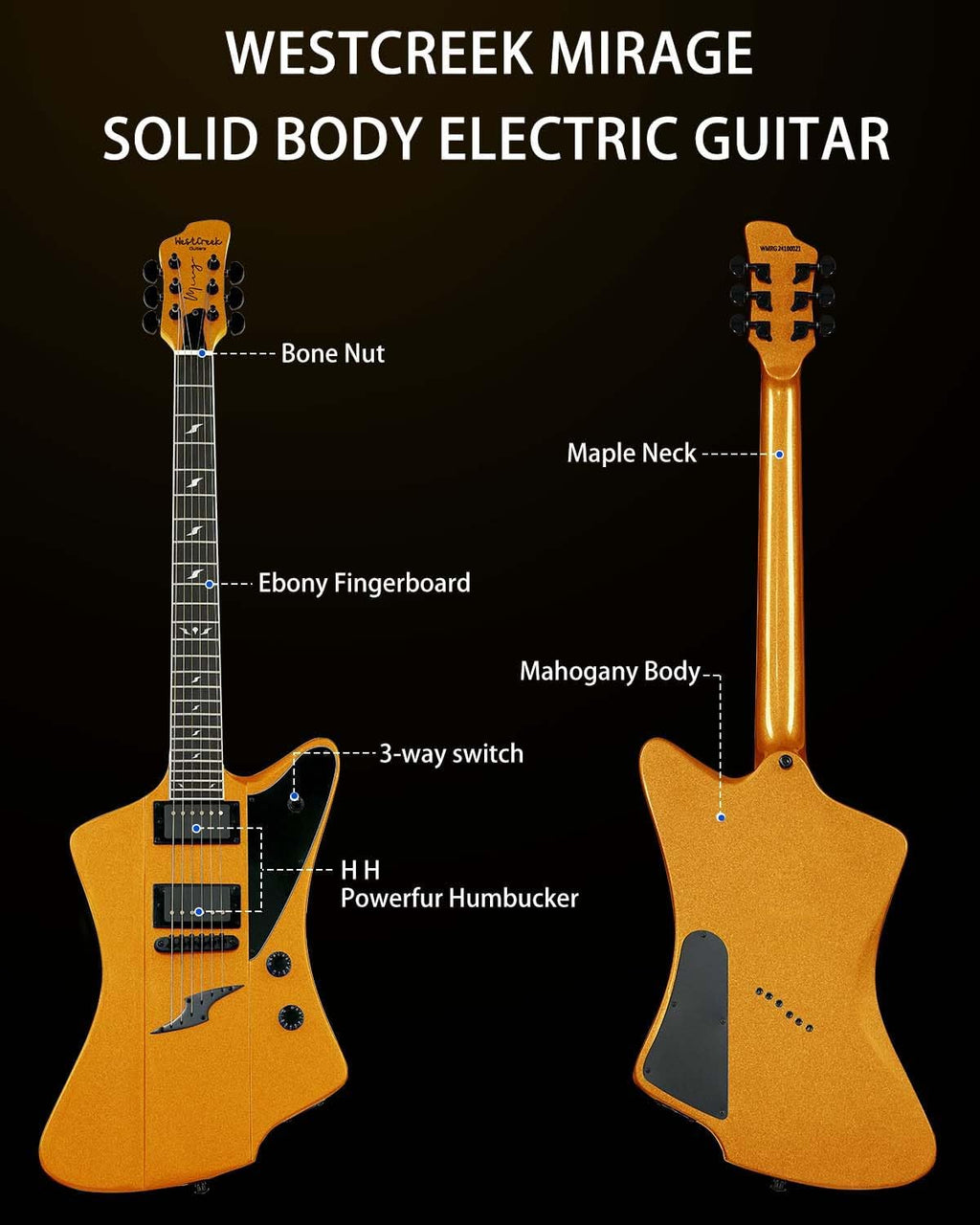 WestCreek Mirage Solid Body Electric Guitar, Mahogany Body, Maple Neck, Ebony Fretboard, Rounded End Frets, Bone Nut, 24 Frets (Gold)