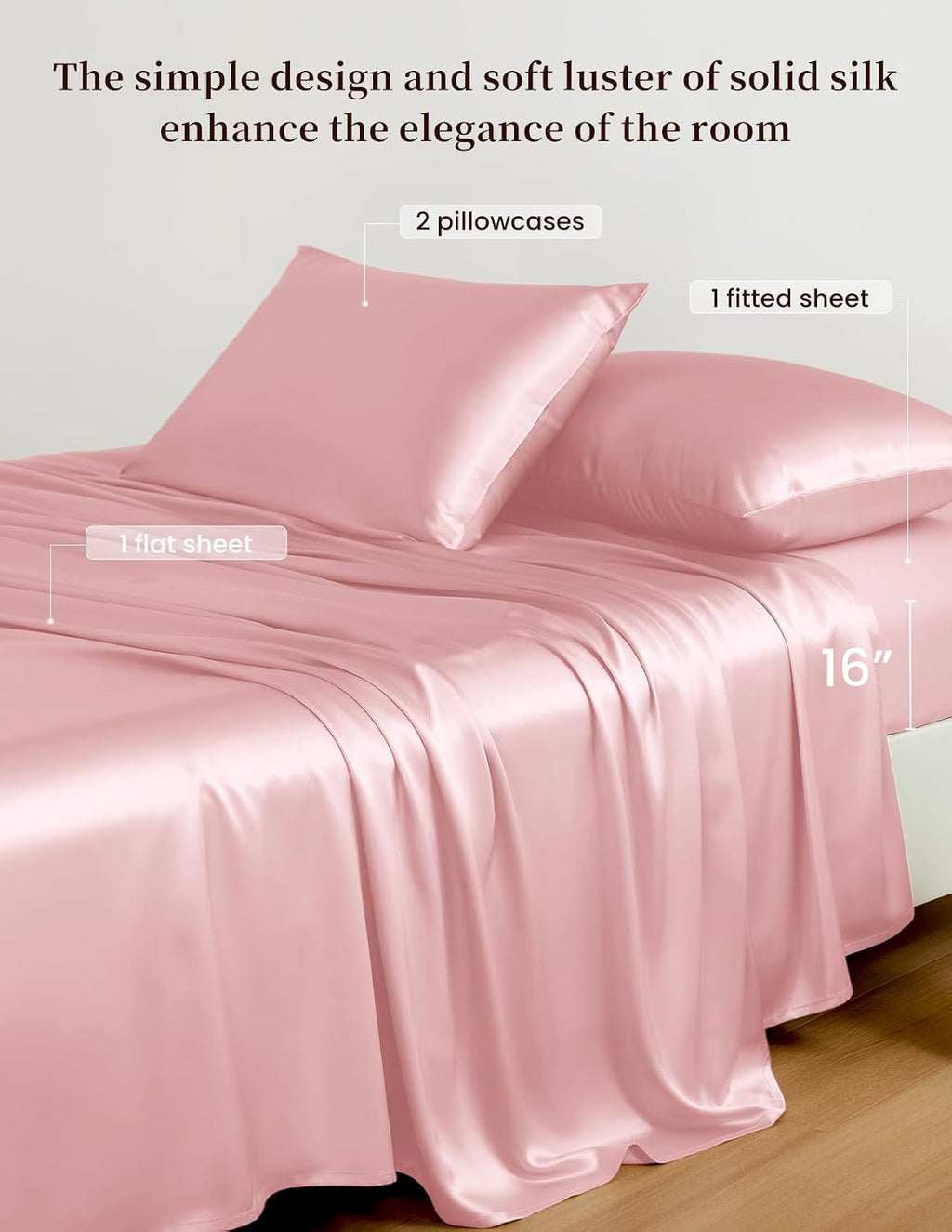 THXSILK 100% Mulberry Silk Bed Sheets Set - 4pcs Pure Silk Sheets Set - Flat Sheet, 16' Deep Pocket Fitted Sheet, 2 Pack Silk Pillowcase with Zipper Closure - Queen Size, Charming Pink