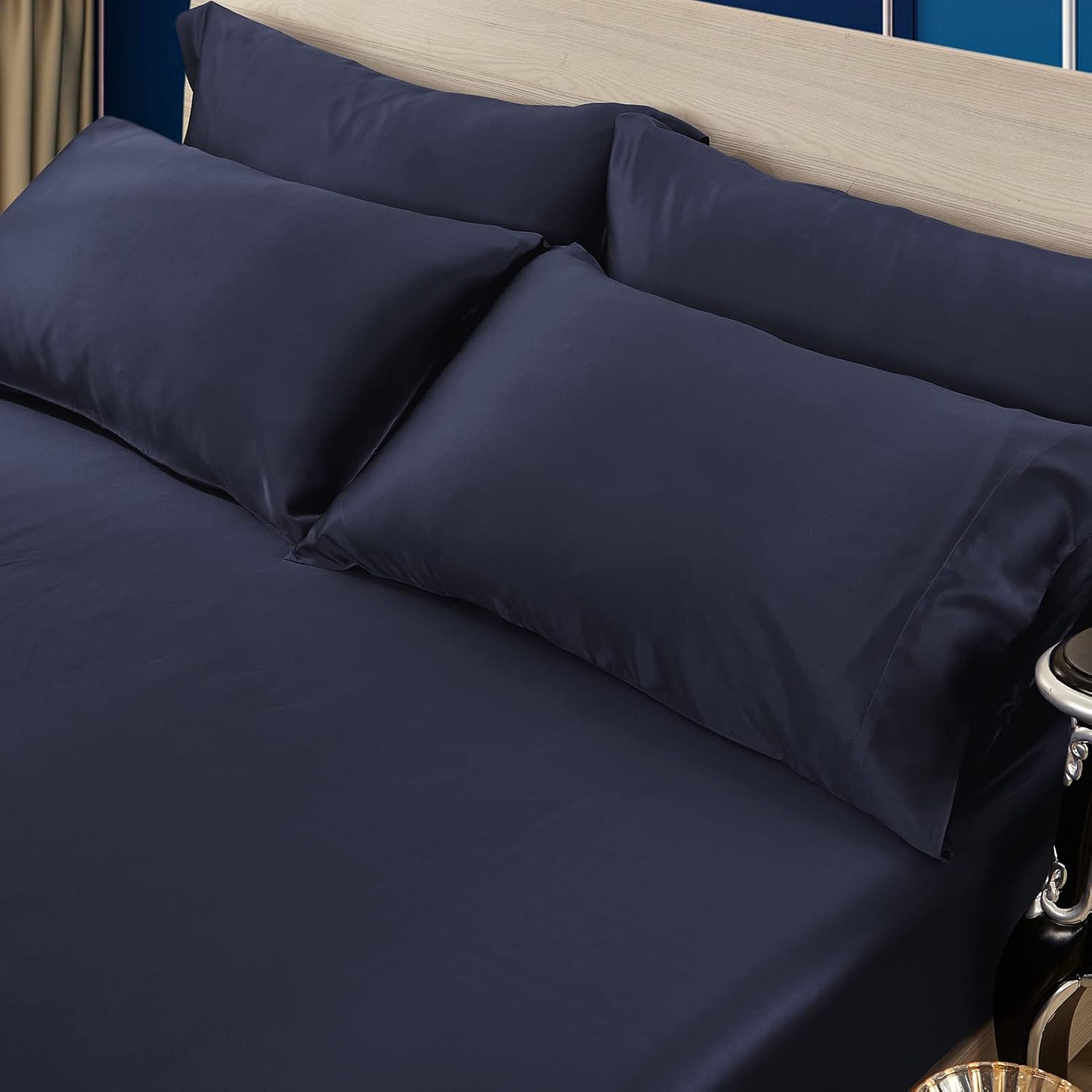 LilySilk 3PC Silk Fitted Sheets Set 100% Mulberry Silk 6A Grade, 2 Silk Pillowcases and 1 Silk Fitted Sheet, 16 Inch Deep Pocket, 19 Momme Silk Bed Sheets Navy Blue, King