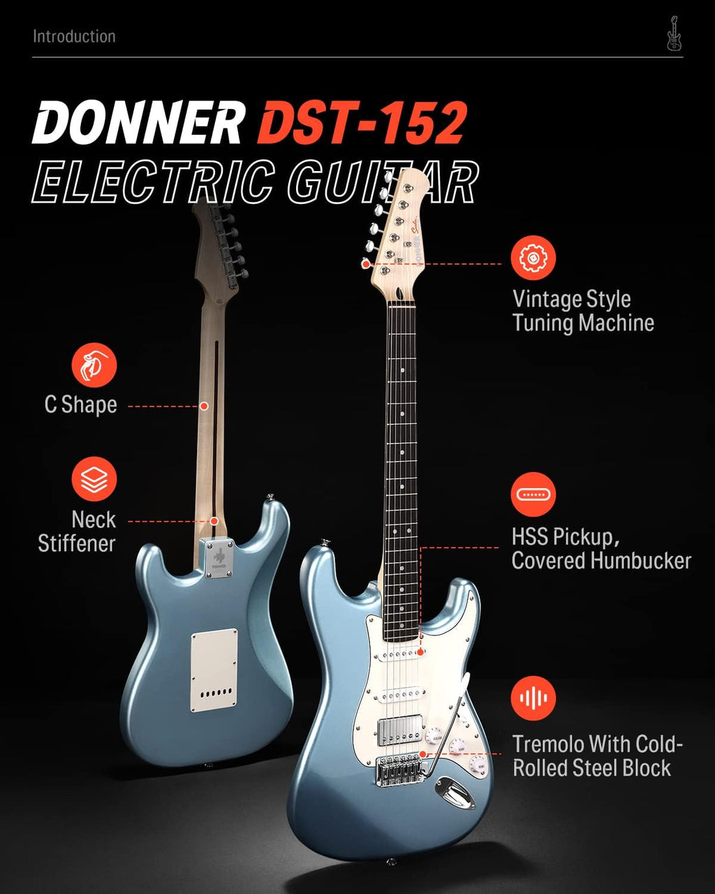 Donner DST-152R Electric Guitar, 39' Beginner Electric Guitar Kit, HSS Pickup with Coil Split, Guitar Starter Set with Amp, Bag, All Accessories, Metallic Ice Blue