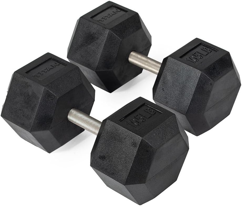 Titan Fitness Free Weights, Rubber Coated Hex Dumbbell, Straight Stainless Steel Handle, Strength Training, Full Body Workout