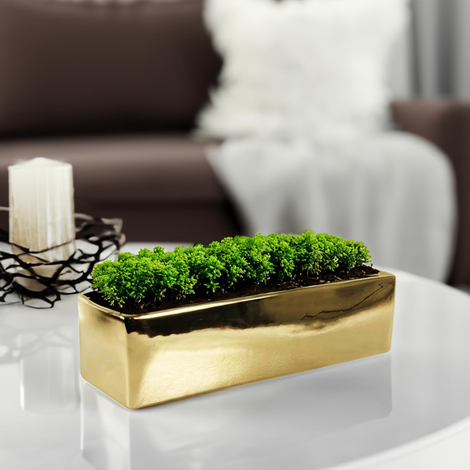 WGVI Long Rectangle Ceramic Planter Vase in Gold 12' x 4' x 4'H, Block Rectangular Terrarium Box Pot, Flower Arrangement, Table top Centerpiece, Home Decor Organization Storage Container, 6 Pcs.