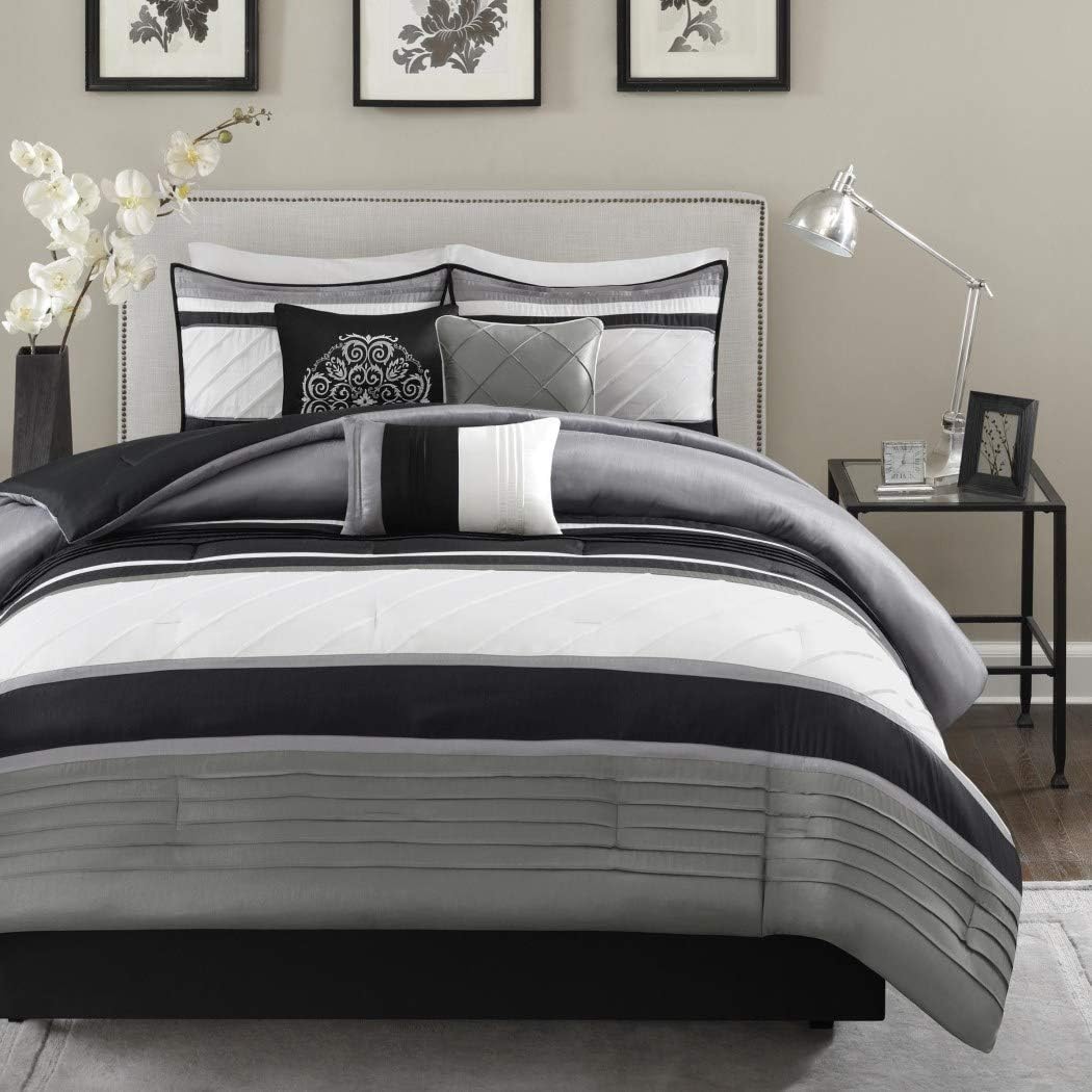 7 Piece Silver Grey Black Striped Comforter King Set, Gray White Adult Bedding Master Bedroom Stylish Patchwork Pintuck Pattern Elegant Themed Traditional Monochromatic Polyester Stripe