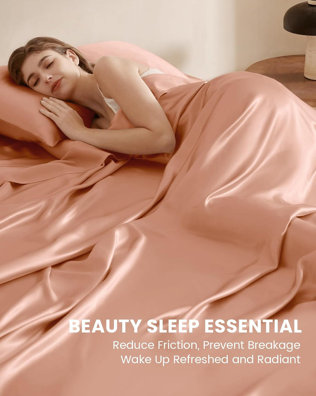 THXSILK Silk Sheet Set 4 Pcs, Full Size Sheet Set, Soft Breathable Cooling Bed Sheets with 1 Flat Sheet, 1 Fitted Sheet, 2 Pillowcases with Zipper Closure, Peachy Pink