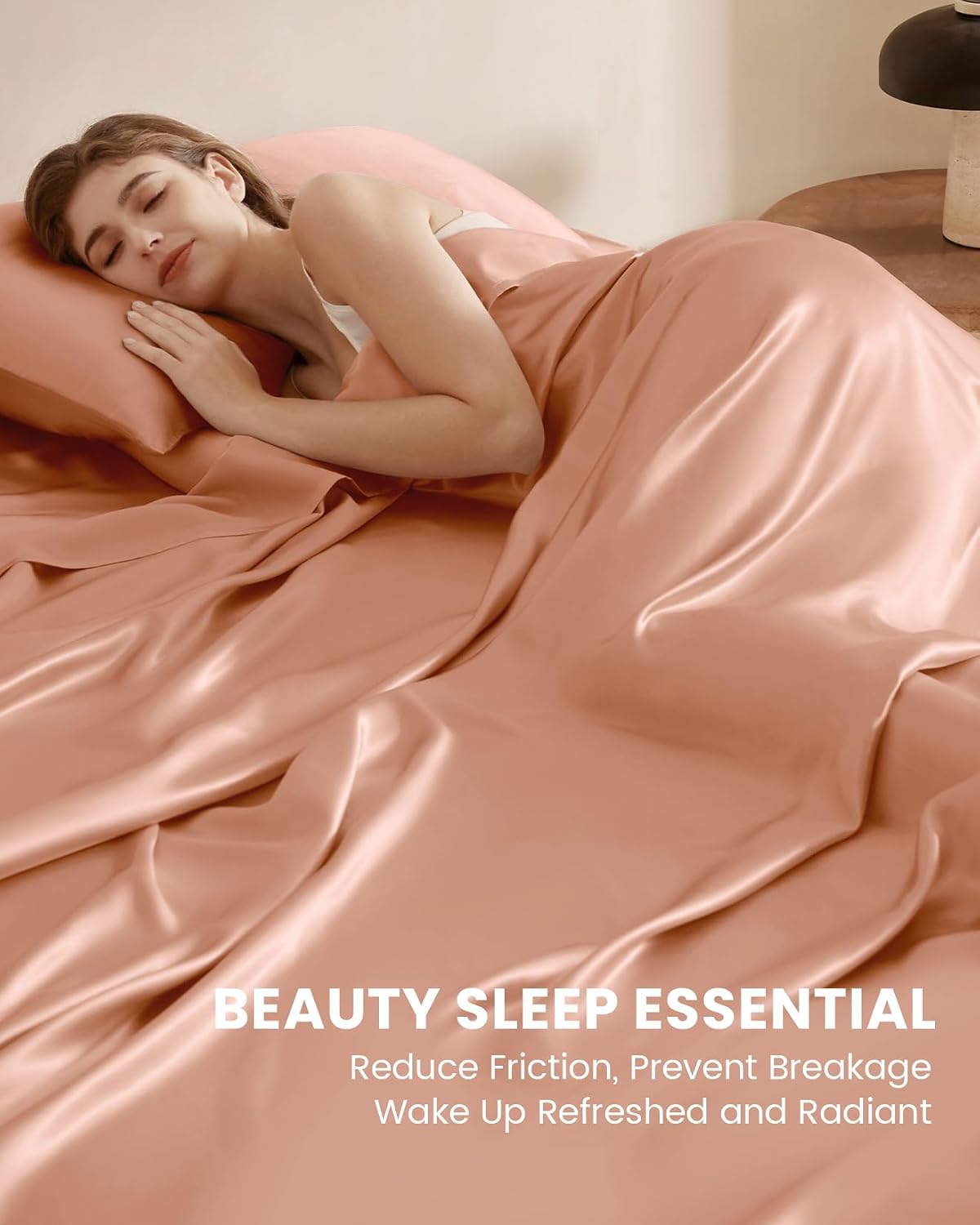 THXSILK Silk Sheet Set 4 Pcs, Full Size Sheet Set, Soft Breathable Cooling Bed Sheets with 1 Flat Sheet, 1 Fitted Sheet, 2 Pillowcases with Zipper Closure, Peachy Pink