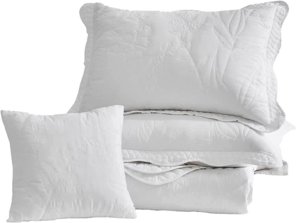 DaisyHuang Botanical Oversized Bedspread King Size - Leaves Pattern Stitching Quilt Set - Elegant & Fresh Style Bedding Coverlets, Reversible, Lightweight, 5 Piece, White