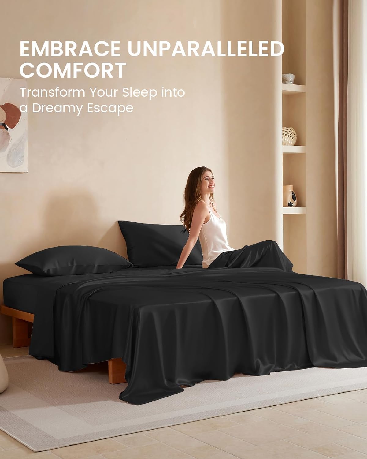 THXSILK Silk Sheet Set 5 Pcs, Split King Size Sheet Set, Soft Breathable Cooling Bed Sheets with 2 Flat Sheets, 1 Fitted Sheet, 2 Pillowcases with Zipper Closure, Black