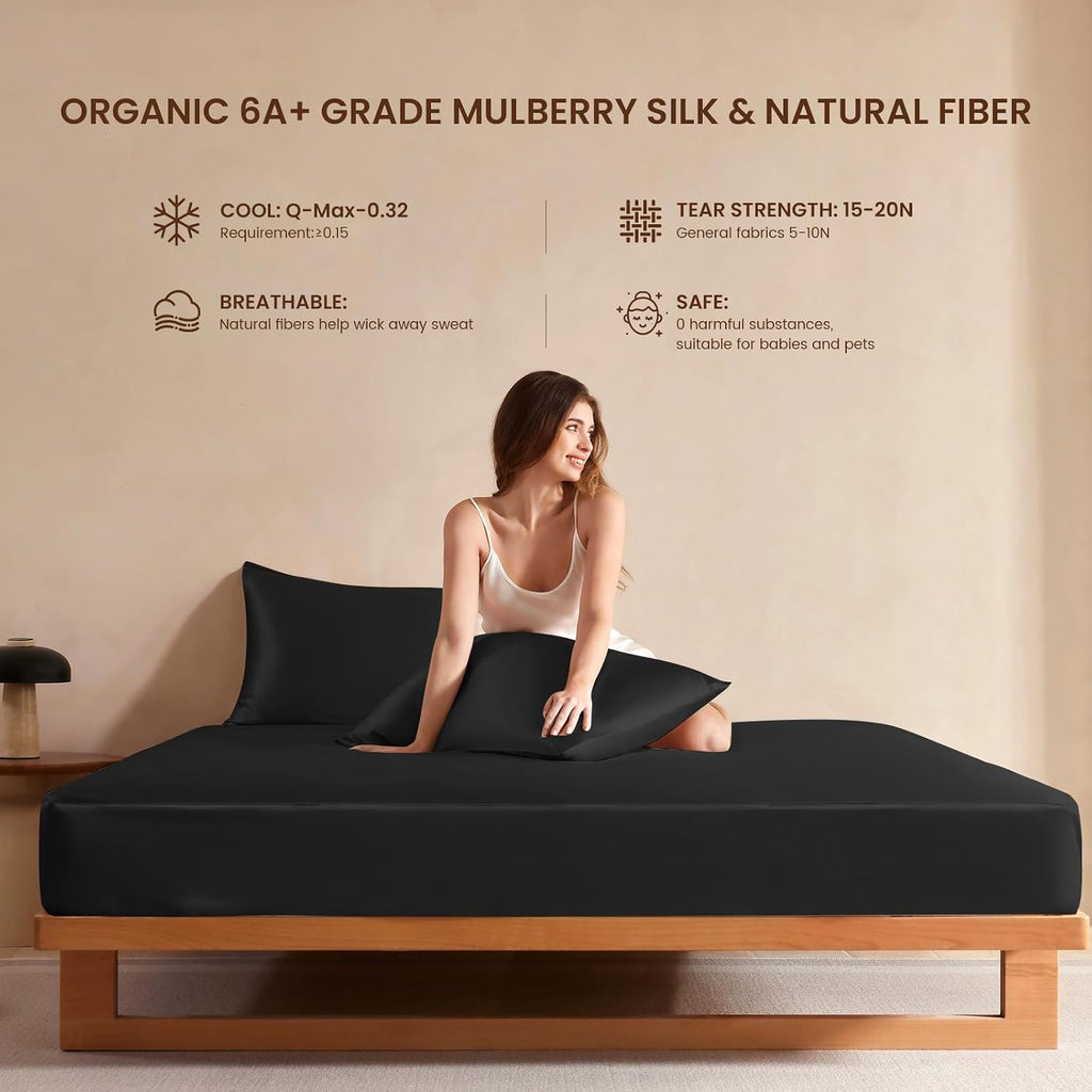 THXSILK Luxury Mulberry Silk Fitted Sheet Set 3 Pcs, Full Silk Bed Sheet Set with 16' Deep Pockets, Soft & Cooling Sheets, 1 Fitted Sheet, 2 Pillowcases with Zipper Closure - Black