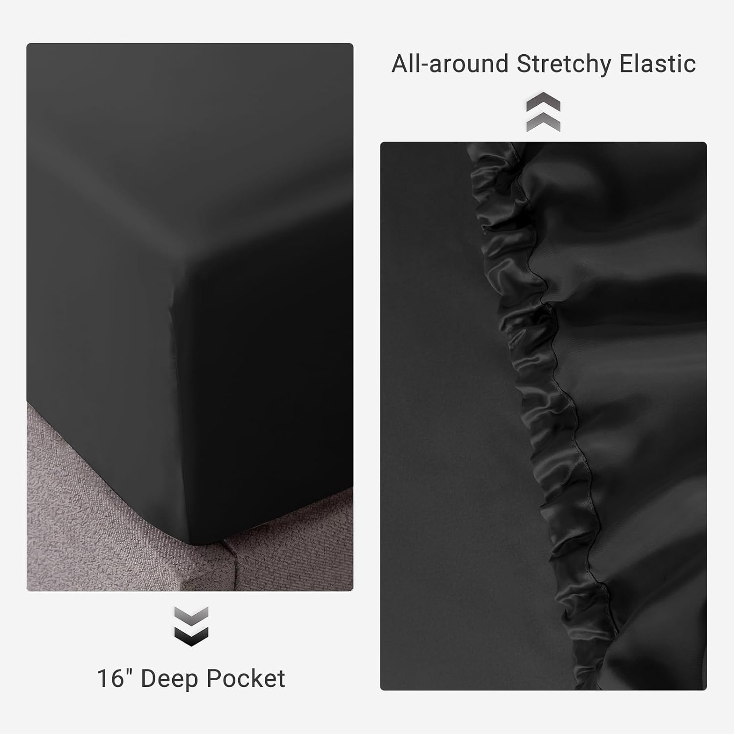 THXSILK 100% Mulberry Silk Fitted Sheet Set, 7A+ Silk 3 Pieces Bed Sheets, Breathable, Smooth, 16 Inch Deep Pocket Fitted Sheet, 2 Pillowcases - Black, King