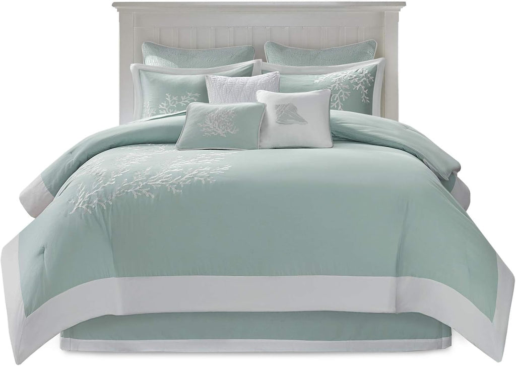 Harbor House Cotton Comforter Set - Coastal Oceanic Sealife Design, All Season Down Alternative Bedding with Matching Shams, Bedskirt, Twin(72'x90'), Coastline, Coral Aqua, 3 Piece