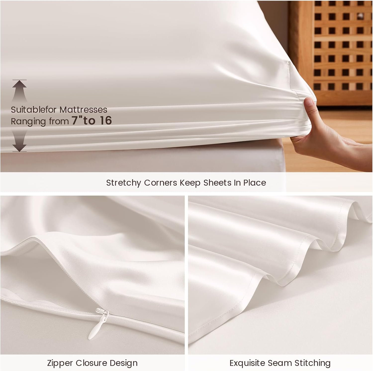 THXSILK 6A+ Top Grade 100% Pure Mulberry Silk Full Fitted Sheet 3Pcs Set Bed Sheets Luxury Bedding for Hair and Skin Breathable Safe Material, 1 Fitted Sheet with 2 Pillowcases, Pearl White