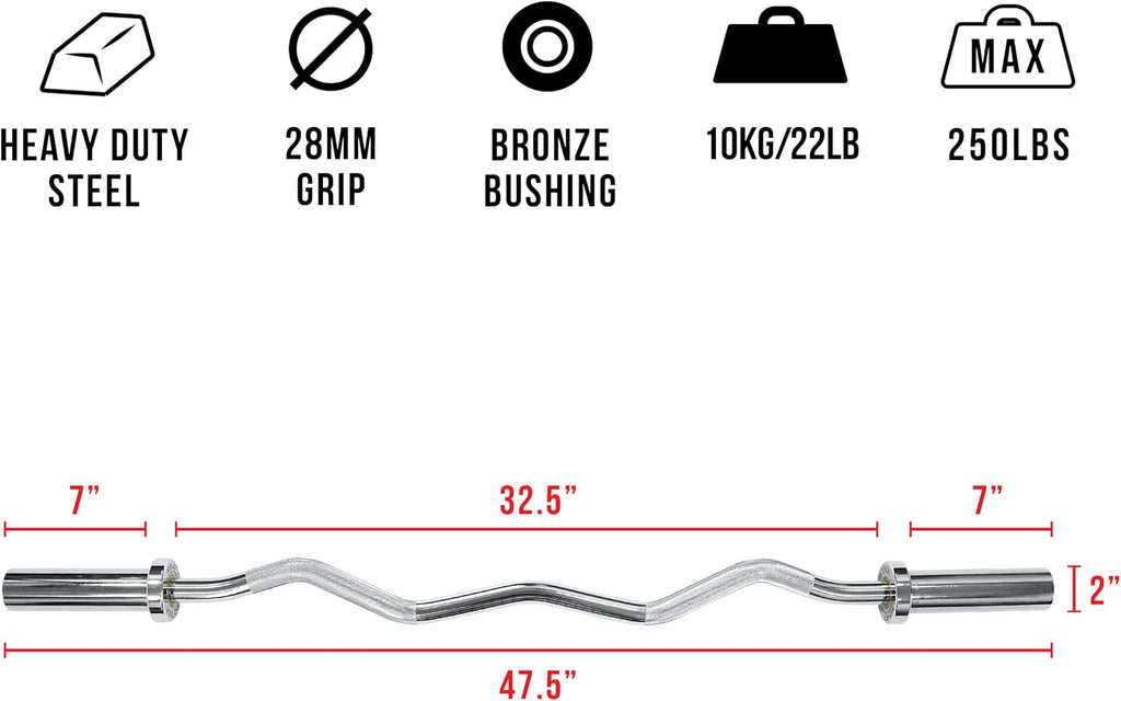 Valor Fitness Olympic Curl Bar – Ergonomic EZ and Super Curl Barbell for Biceps, Triceps, and Arm Workouts – 28mm Grip, 250 lb Capacity, Fits 2' Weight Plates