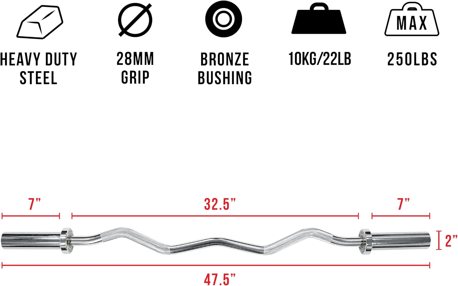 Valor Fitness Olympic Curl Bar – Ergonomic EZ and Super Curl Barbell for Biceps, Triceps, and Arm Workouts – 28mm Grip, 250 lb Capacity, Fits 2' Weight Plates