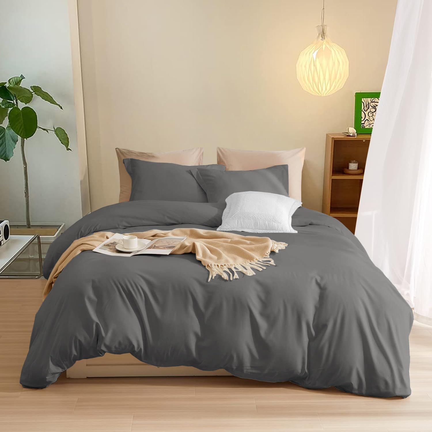 800TC 3 Sided Zipper Duvet Cover Set Soft Egyptian Cotton 3 Sided Zipper Closure, 3 PCS 1-Duvet Cover & 2- Pillow Shams - King-XL Size (98' x 116') Inches, (Solid Dark Grey)