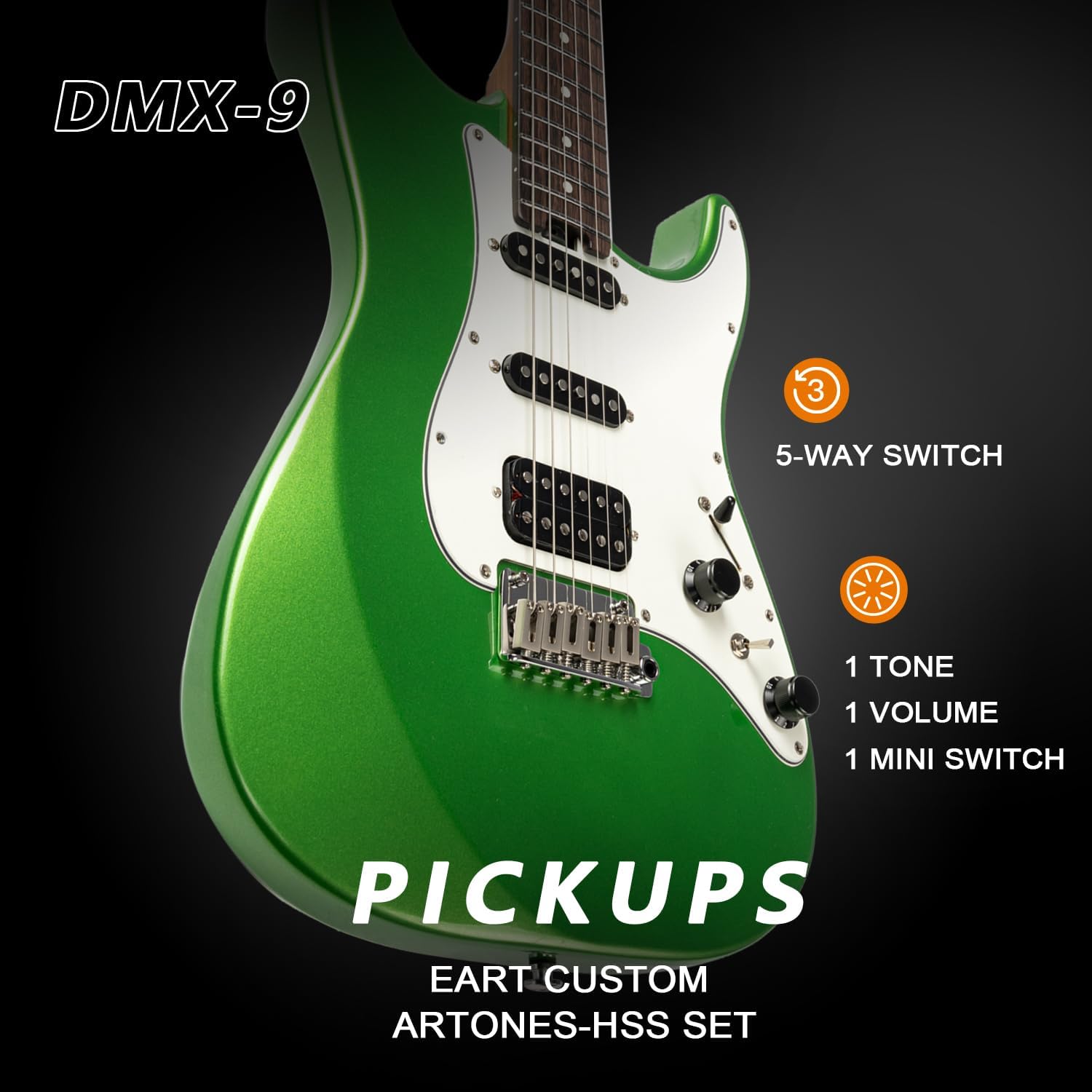EART Electric Guitar DMX-9, 6 String Tremolo Bridge, Humbucker Pickups, Solid Body, 5-Way Switch Guitars (Gloss Pearl Green)