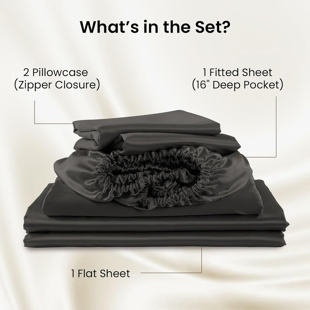 THXSILK Luxury Mulberry Silk Bed Sheets Set - 4pcs Silk Sheets Set 16' Deep Pocket - 1 Fitted Sheet, 1 Flat Sheet, 2 Pillowcases with Zipper Closure - Full, Black