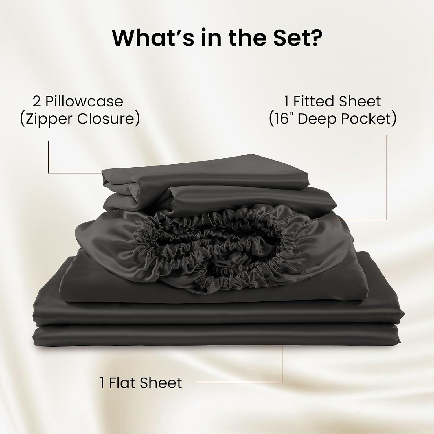 THXSILK Luxury Mulberry Silk Bed Sheets Set - 4pcs Silk Sheets Set 16' Deep Pocket - 1 Fitted Sheet, 1 Flat Sheet, 2 Pillowcases with Zipper Closure - Full, Black