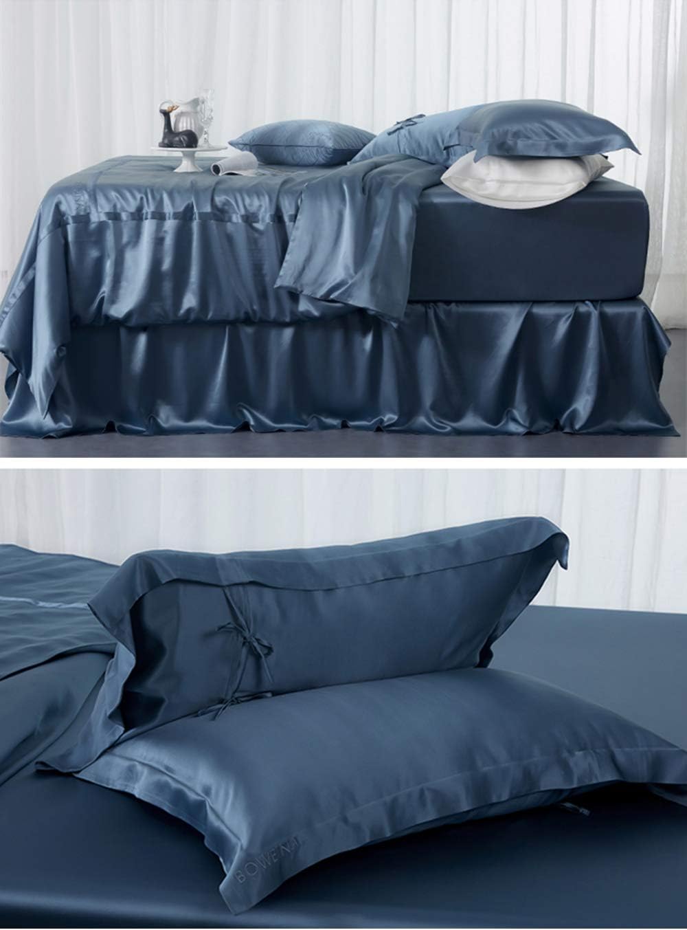 Orose 4Pcs 30 Momme Silk Sheets Set Seamless Custom,Thick, Deep Pocket 100% Charmeuse Mulberry Silk Bedding Top Flat Bottom Fitted (Misty Blue, Queen)