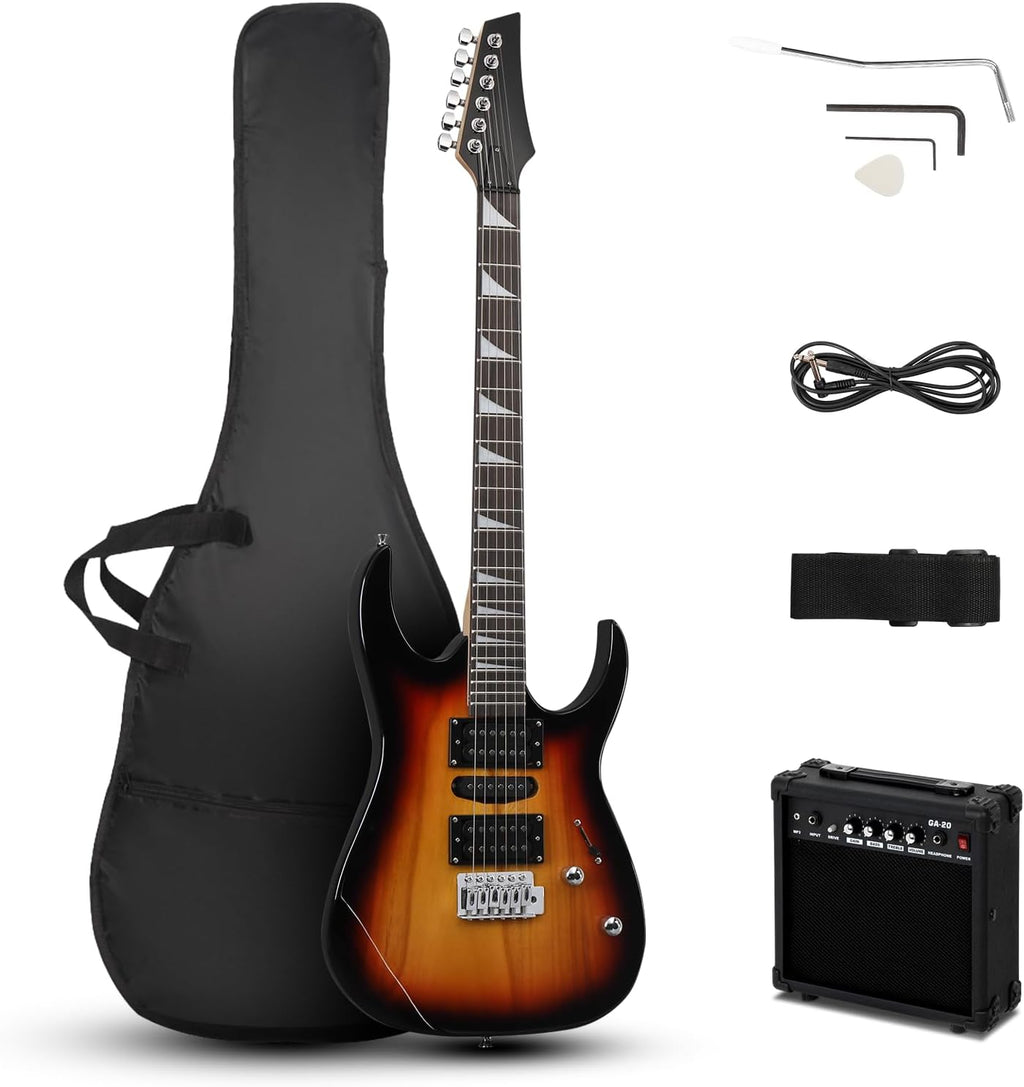 Ktaxon 39' Electric Guitar with 20Watt Amp, Full Size 170 Model Starter Guitar Kit for Beginners & Professionals W/Bag, Shoulder Strap, Wrench Tool, Plectrum - Brown Sunburst