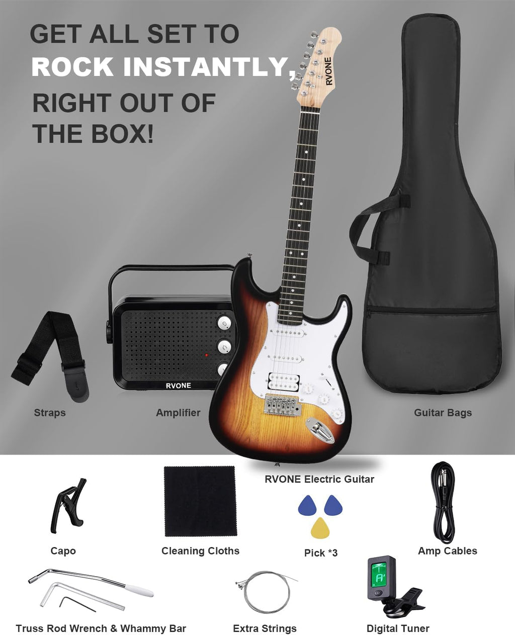RVONE RST-150 39'Beginner Electric Guitar Kit with Amplifier, Classic HSS Pickup, Electric Guitar with Gig Bag, Capo, Strap, Extra Strings, Digital Tuner, 3 Picks, Cleaning Cloths (Sunburst)