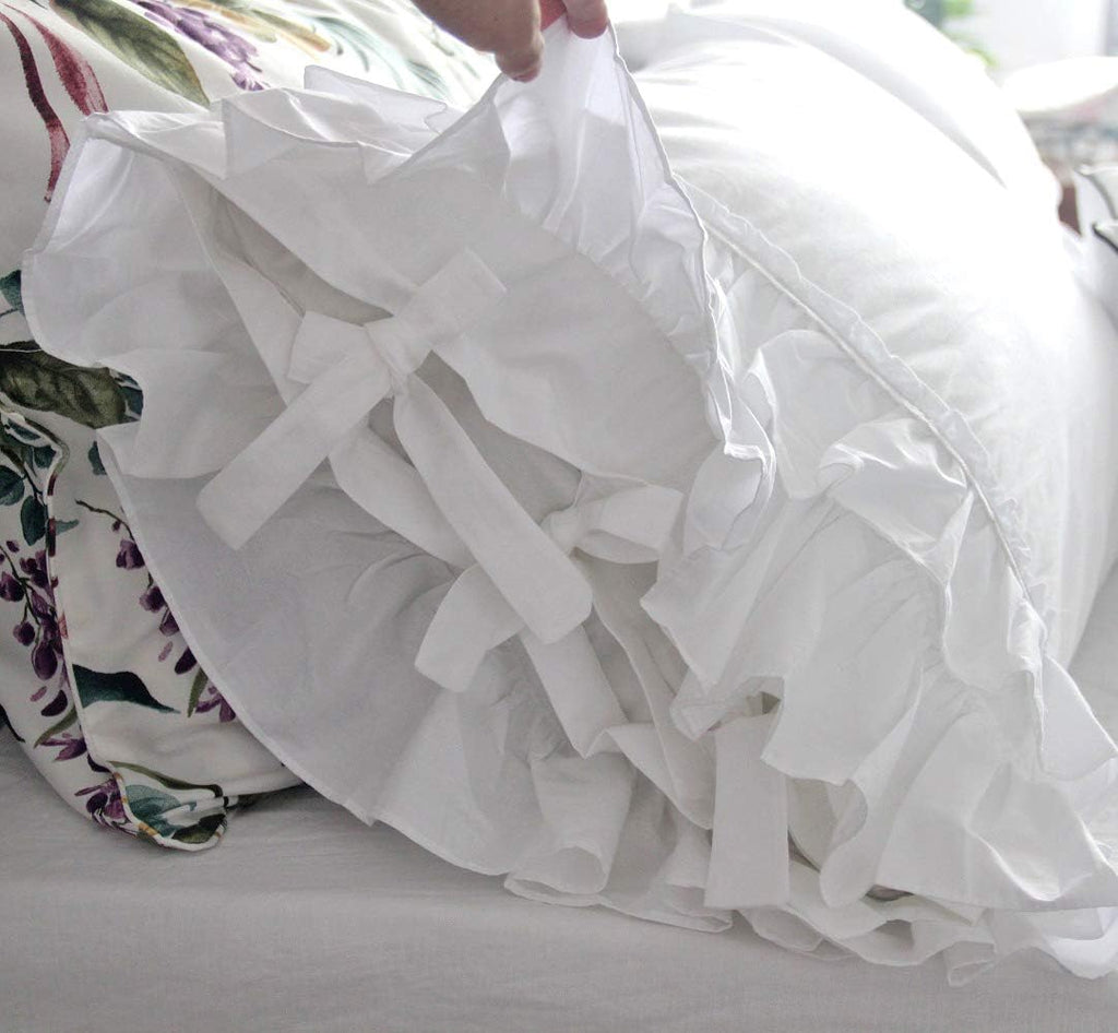 QSH Ruffle Sheets Set Queen Size French Country Lace Bedding 100% Cotton Shabby Vintage Bed Sheet Set 4pcs Deep Pockets Ruffled Bed Sheets