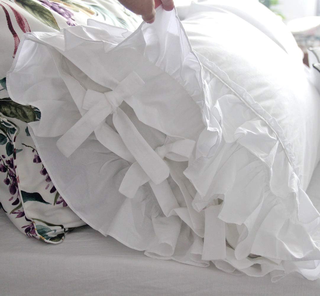 QSH Ruffle Sheets Set King Size French Country Lace Bedding 100% Washed Cotton Shabby Chic Bed Sheet Set 4pcs Deep Pockets Ruffled Bed Sheets