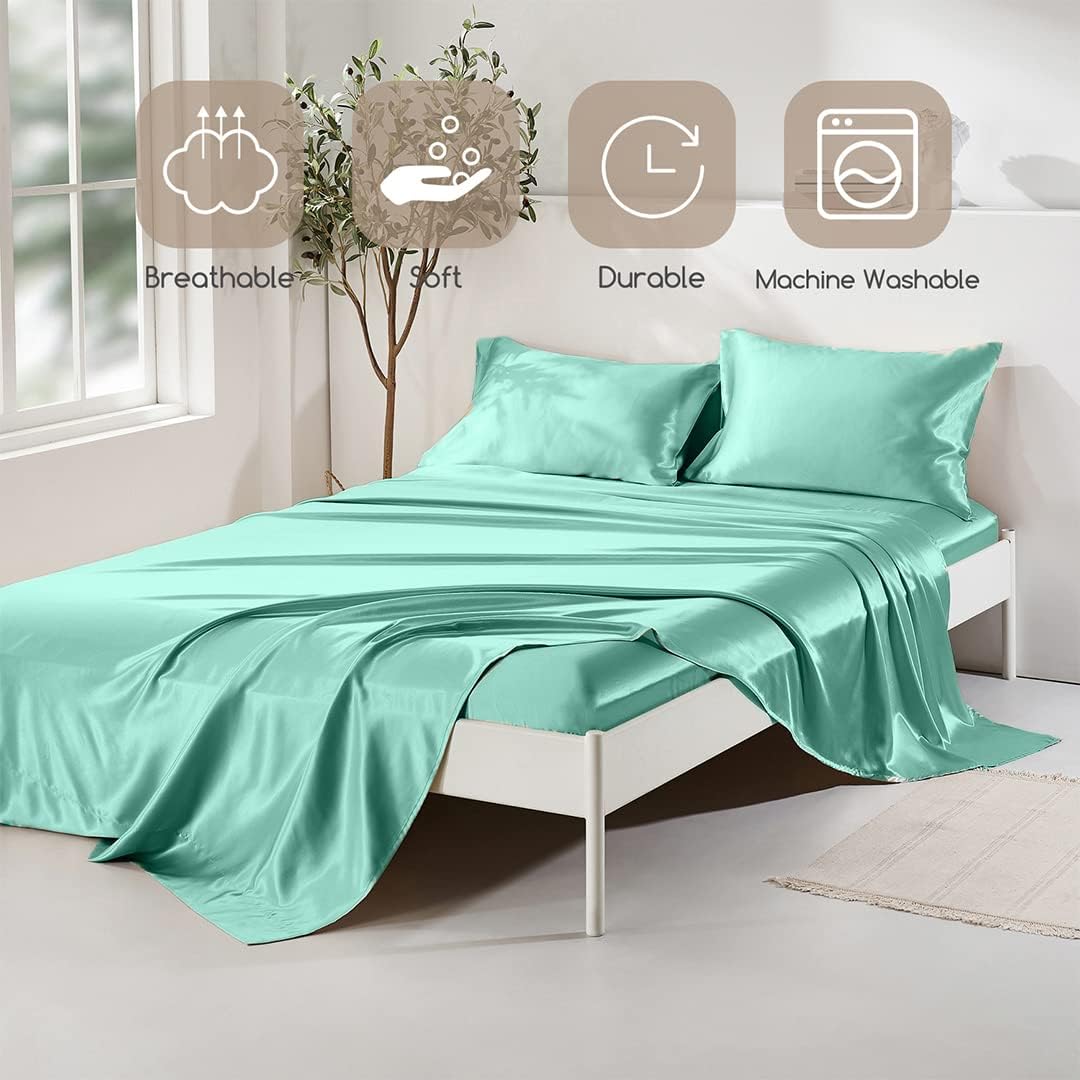 16 Momme 100% Mulberry Silk Bedding Set Full XL Size 4-Piece Luxury (2 Pillowcases, 1 Fitted Sheet, 1 Flat Sheet) - 6A Grade Natural Silk Fits 22-25' Deep Pocket (Solid, Aqua)