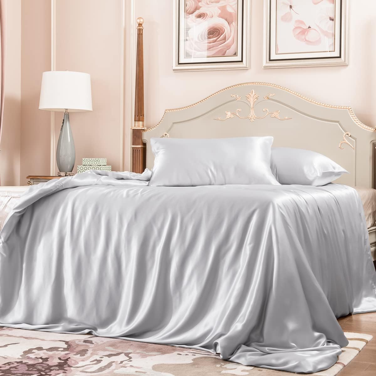 PROMEED 100% Mulberry Silk Duvet Cover Set 3PCS Queen Size, Real 23 Momme Grade 6A Silk Bedding Set with Duvet Cover and Pillowcases (Light Grey, Queen)
