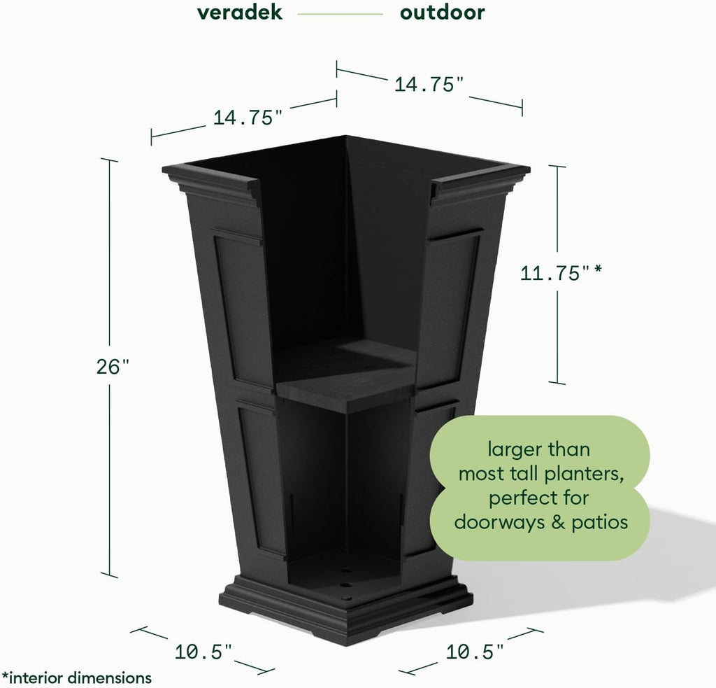 Veradek Brixton Series Tall Plastic Planter (Black, 26' H x 14.75' W x 14.75' L - 2 Pack with Shelf)