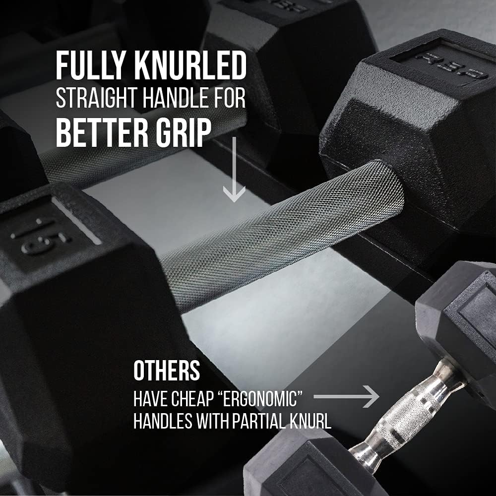 REP FITNESS Dumbbell Set with Bench – 5-50, 5-75 or 5-100 Rubber Hex Dumbbell Set with Either Flat or Adjustable Bench