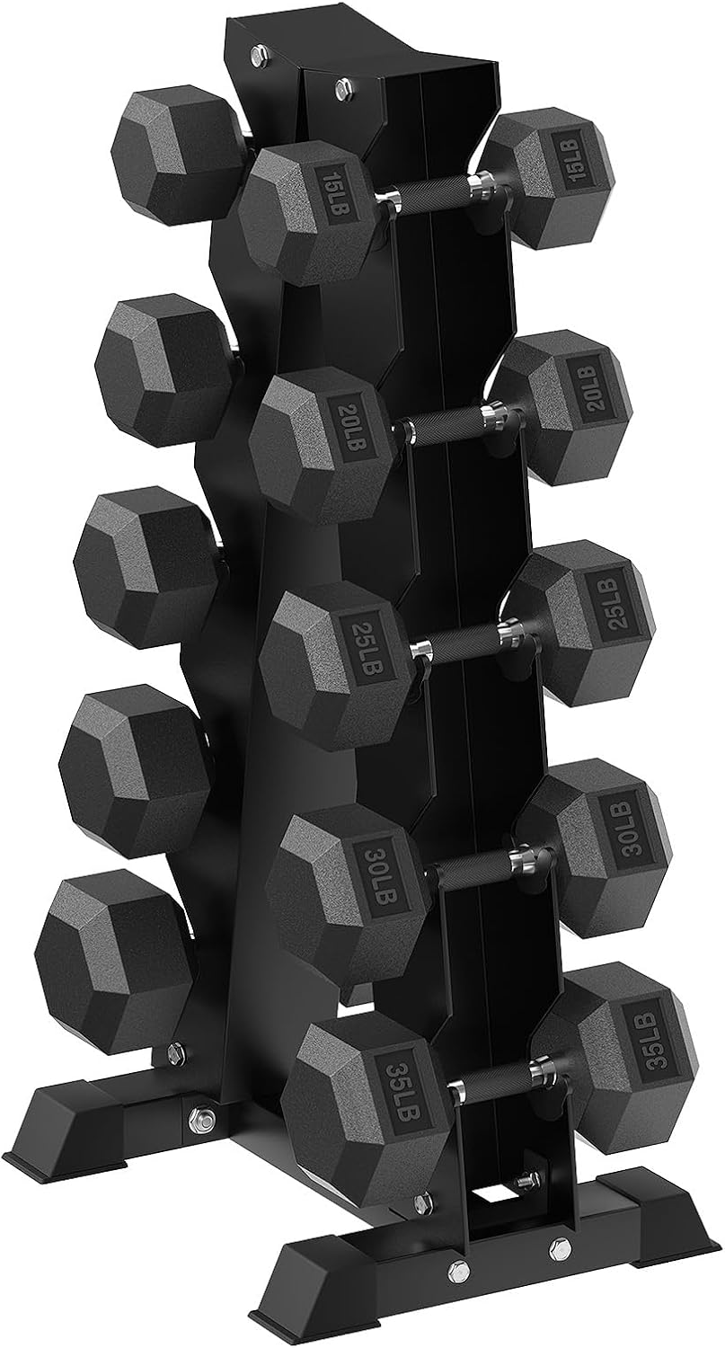 HANDBODE Hex Dumbbell Sets with Rack, 100-165 lb Rubber Encased Dumbbells for Strength Training, Exercise & Fitness, Home Gym Weight Set with Rack